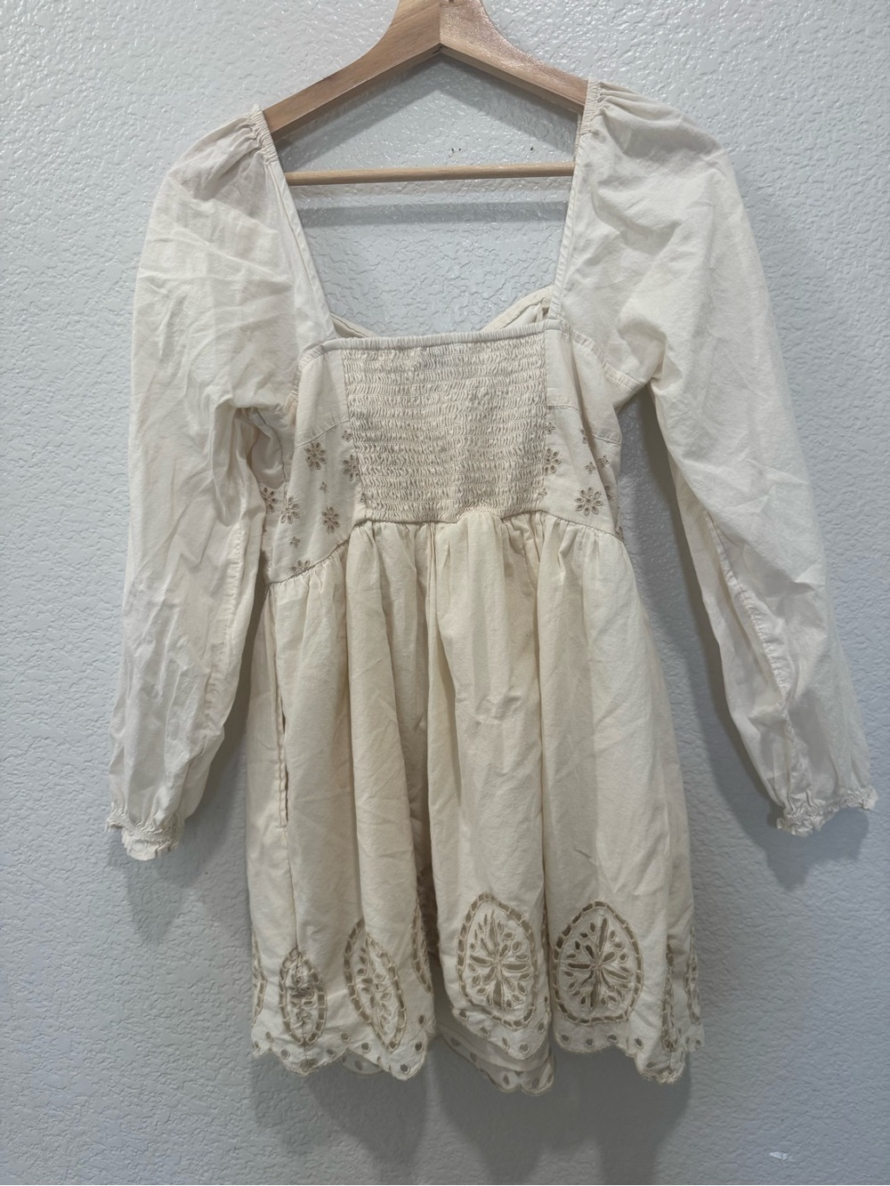 American Eagle Outfitters Cream Long-Sleeve Lace-Hem Mini Dress - Picture 3 of 6